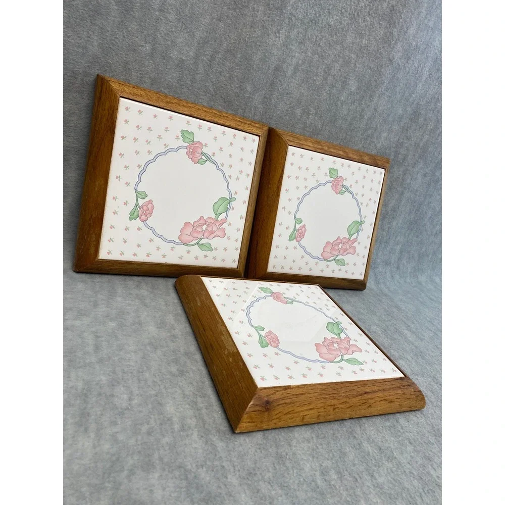 Set of 3 Vintage Floral Ceramic Tile Wood Trivets Hot Pad Retro Decor Grannycore